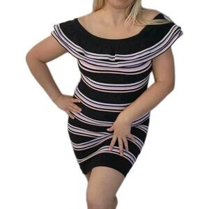 MSGM Milano Striped Knit Mini Off Shoulder Dress M Black White Pink Ruffle Party